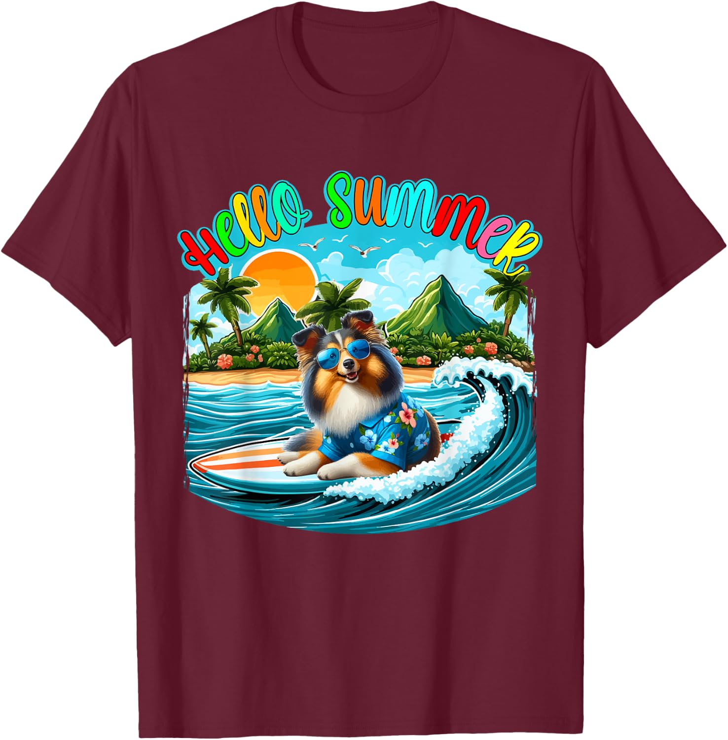 Summer Costume Sheltie Sunglasses Surfing On Beach Surfer Women Kids T-Shirt - T-Shirt | Maroon