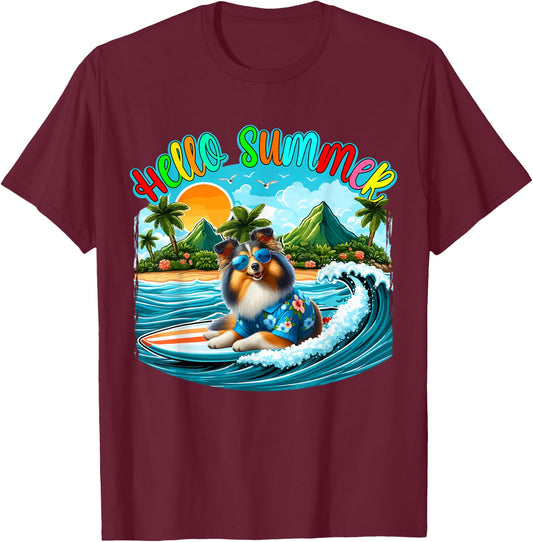 Summer Costume Sheltie Sunglasses Surfing On Beach Surfer Women Kids T-Shirt - T-Shirt | Maroon