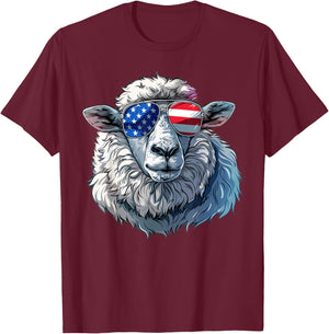 Sheep American Flag Funny Sheep Lovers Mom Dad 4th of July Women Girls Kids Men T-Shirt - T-Shirt | Maroon