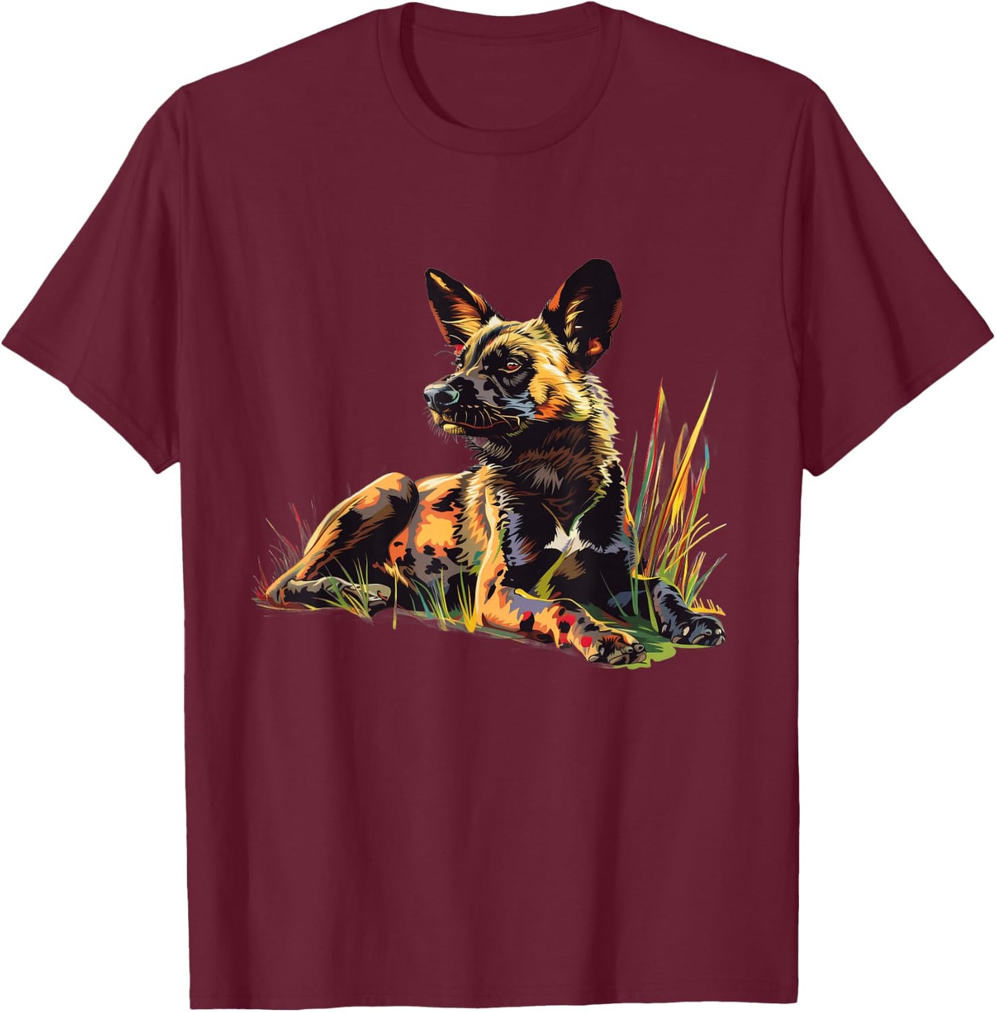 African Wild Dog Under A Rainbow T-Shirt - T-Shirt | Maroon