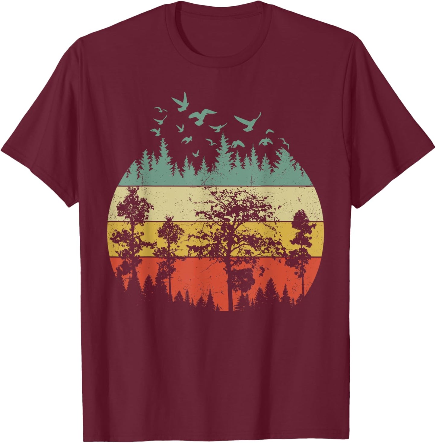 Retro Forest Wildlife Trees Outdoors Nature T-Shirt - T-Shirt | Maroon