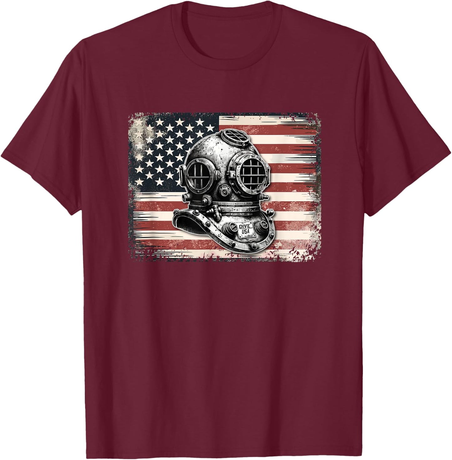 Vintage Scuba Dive Helmet American Flag - Funny Scuba Diving T-Shirt - T-Shirt | Maroon