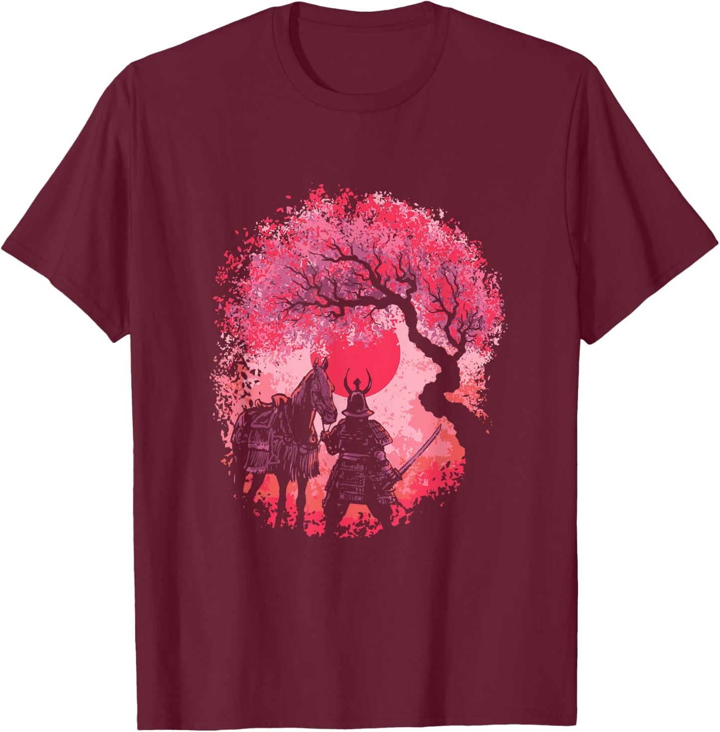 Japanese Cherry Blossom Sakura Vintage Samurai Kiso Horse T-Shirt - T-Shirt | Maroon