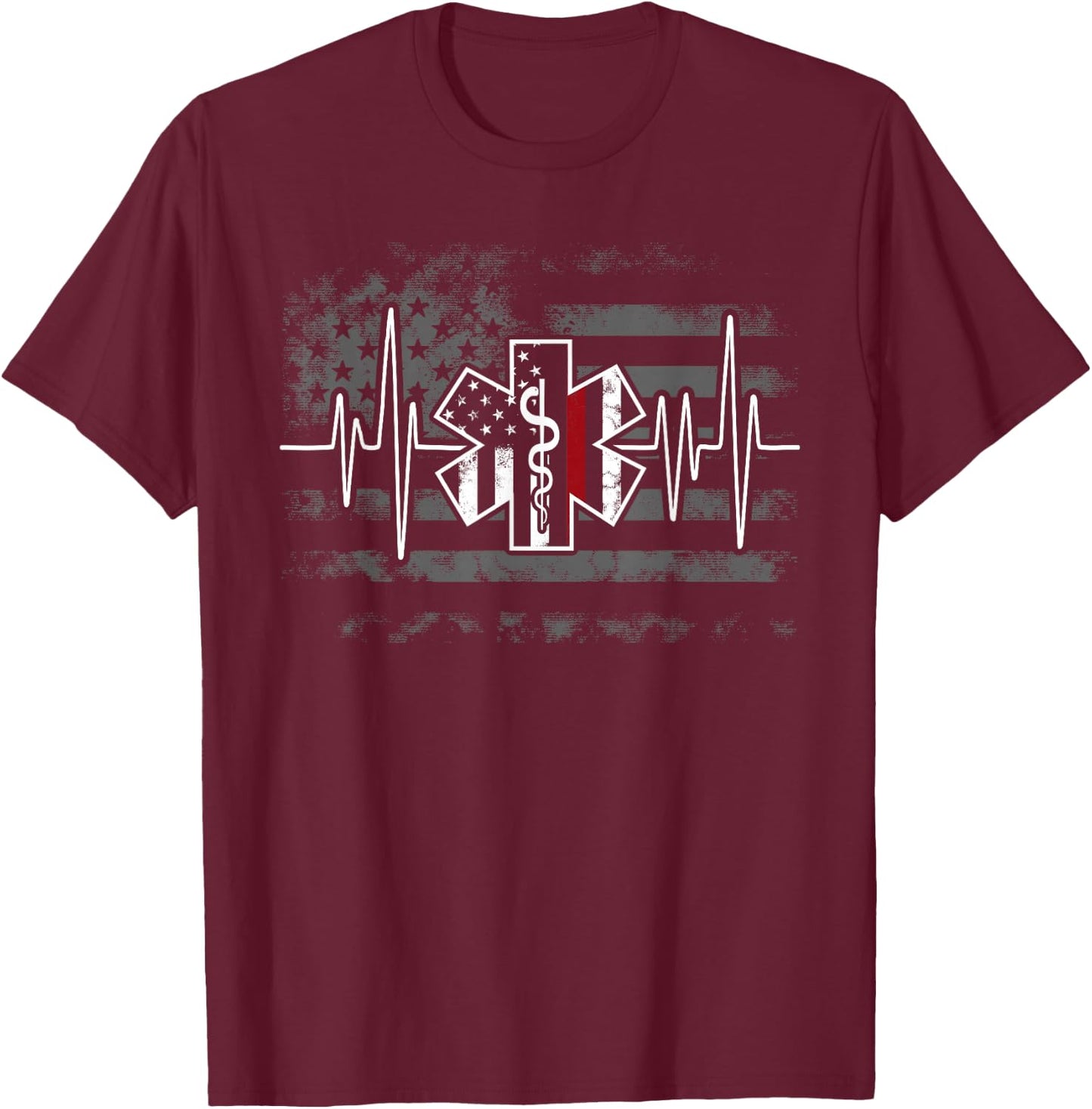 Firefighter EMS Heartbeat EKG Pulse Fireman American Flag T-Shirt - T-Shirt | Maroon