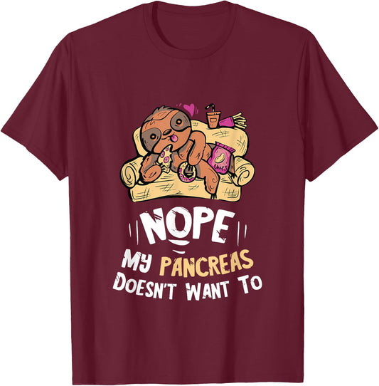 Pancreas Sloth Nope Type One Diabetes Funny Pancreas T-Shirt - T-Shirt | Maroon