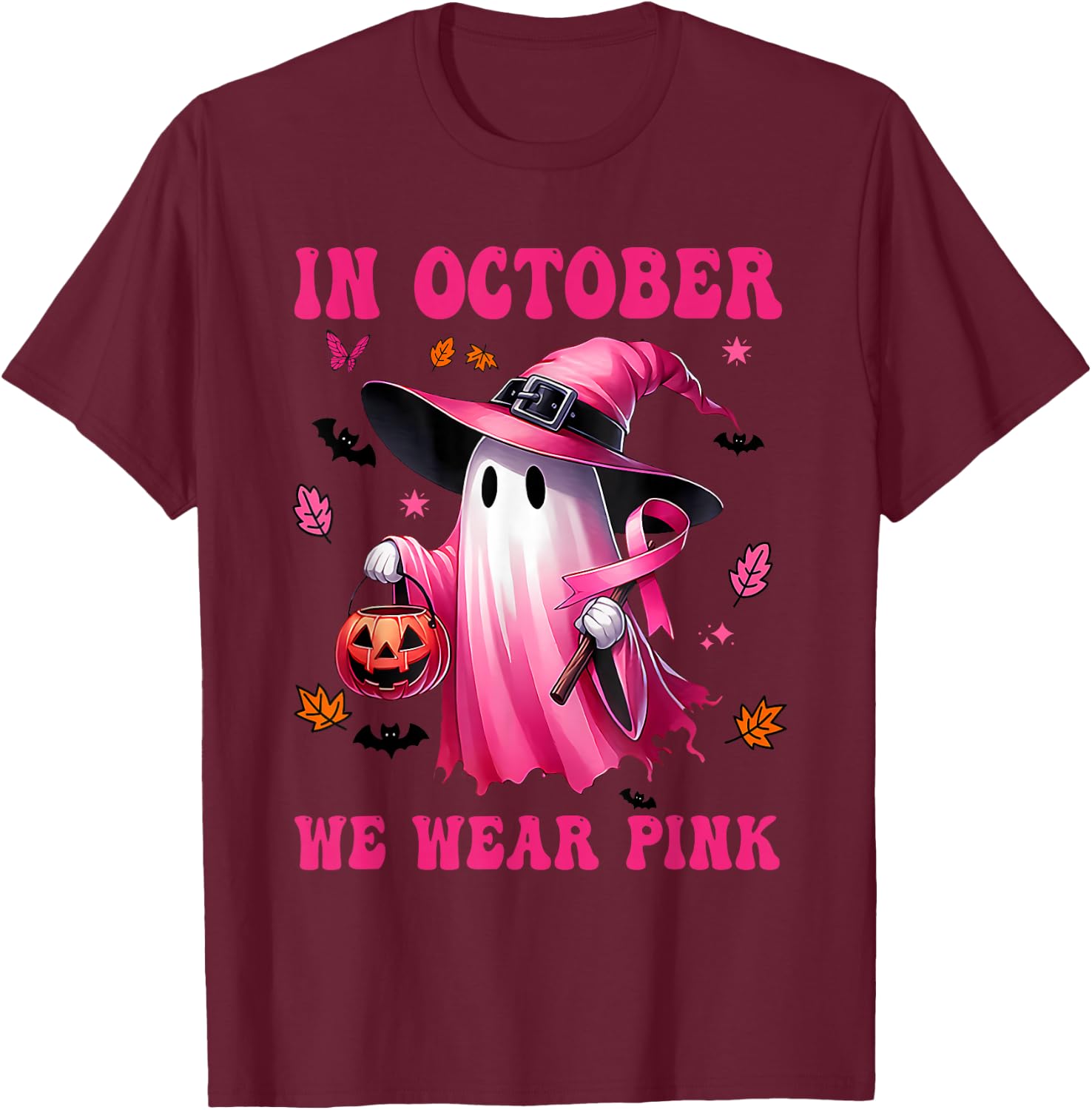 In October We Wear Pink Ghost Fighting Breast Cancer T-Shirt - T-Shirt | Maroon