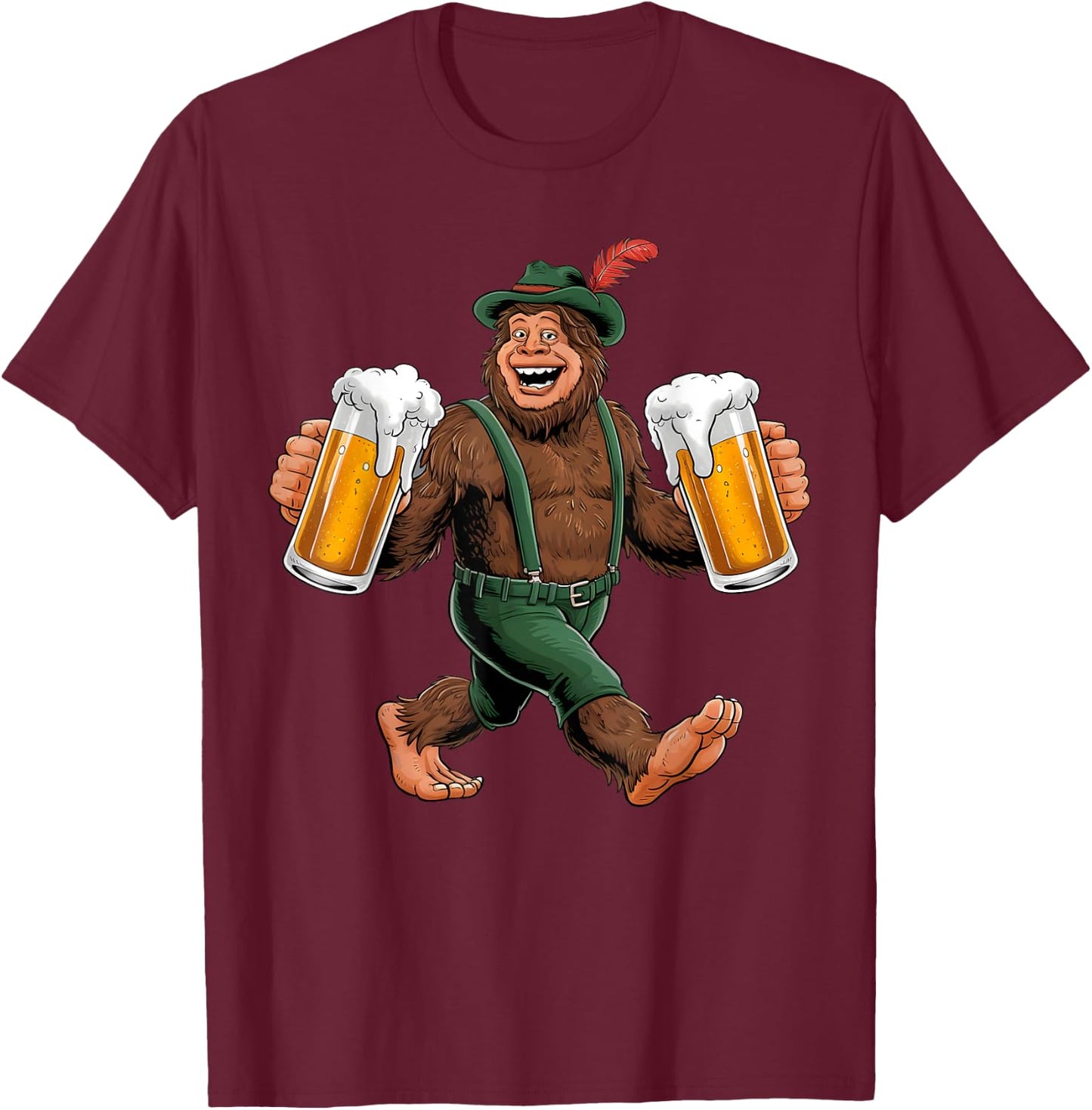 Bigfoot Oktoberfest Lederhosen Prost Beer Mug Drinking Team T-Shirt - T-Shirt | Maroon