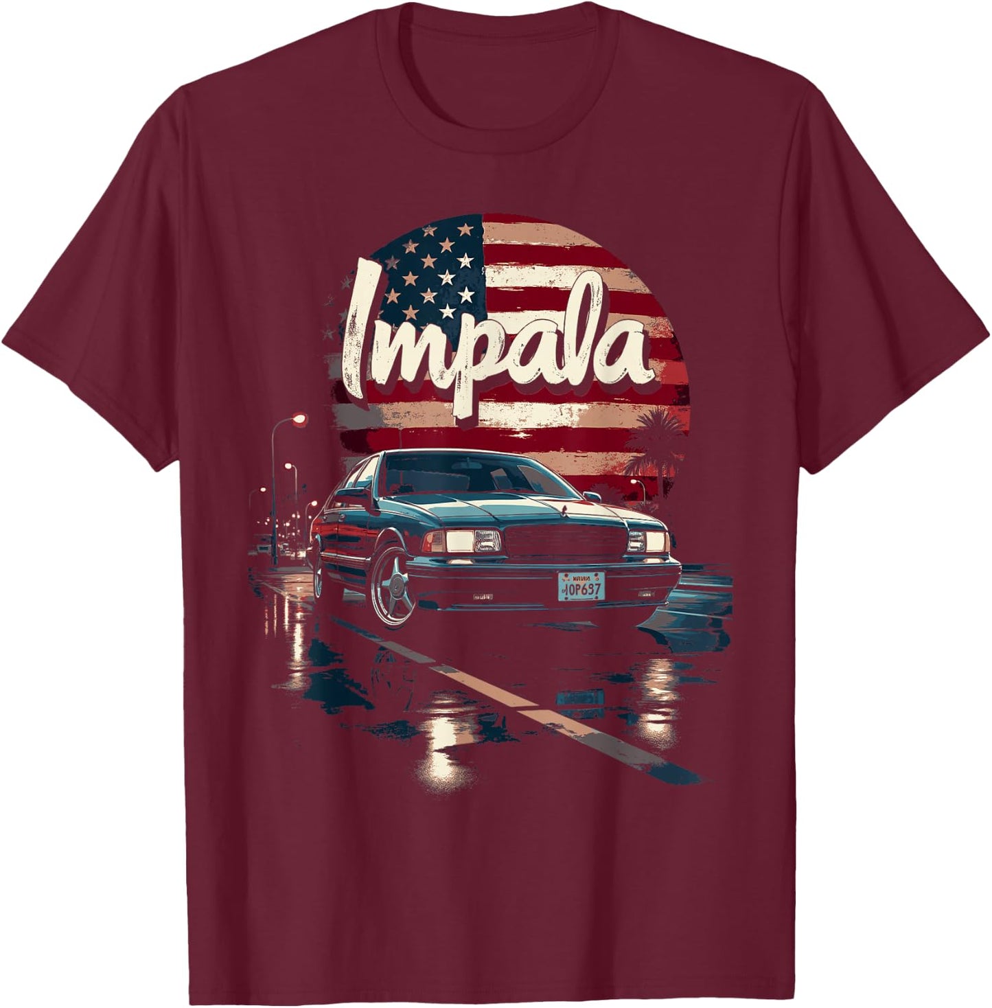 Impala B Body American Flag Impala SS Car 94-96 Coupe T-Shirt - T-Shirt | Maroon