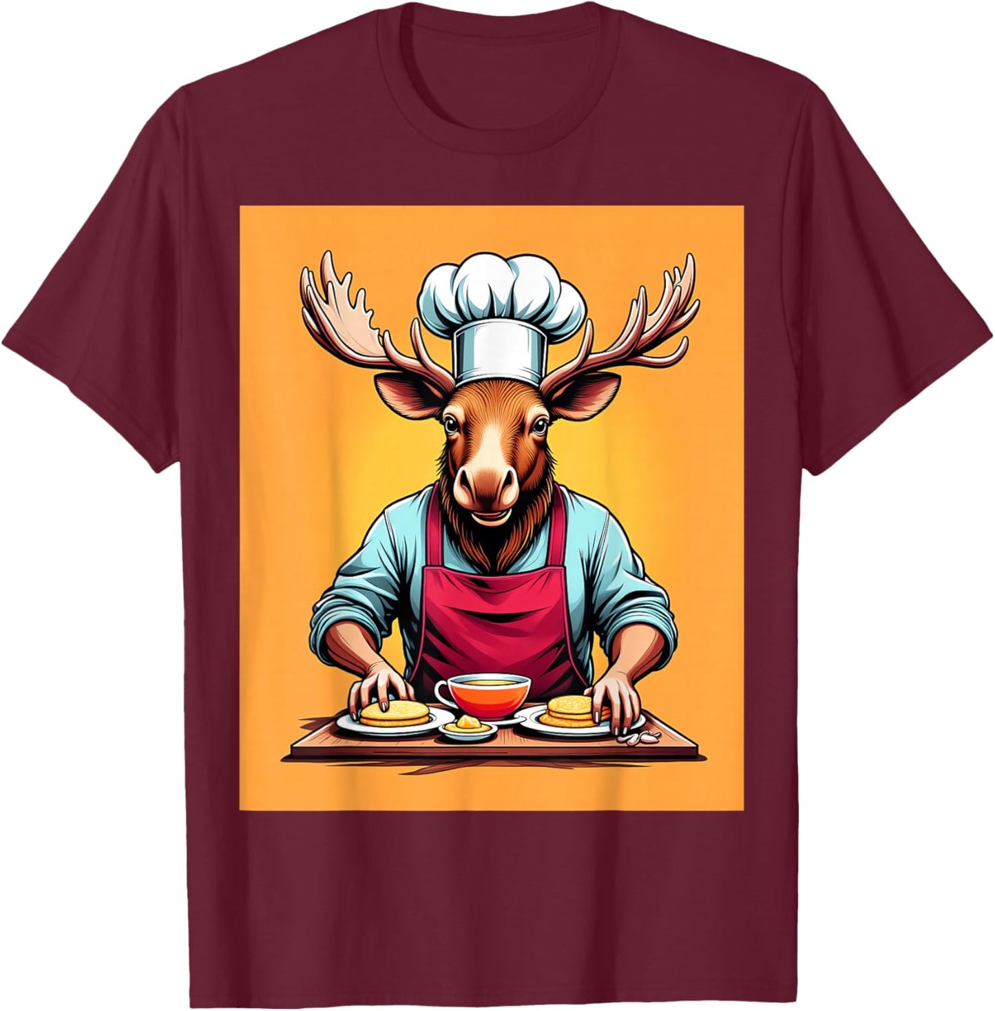 Chef Moose Cooking Pancakes T-Shirt - T-Shirt | Maroon