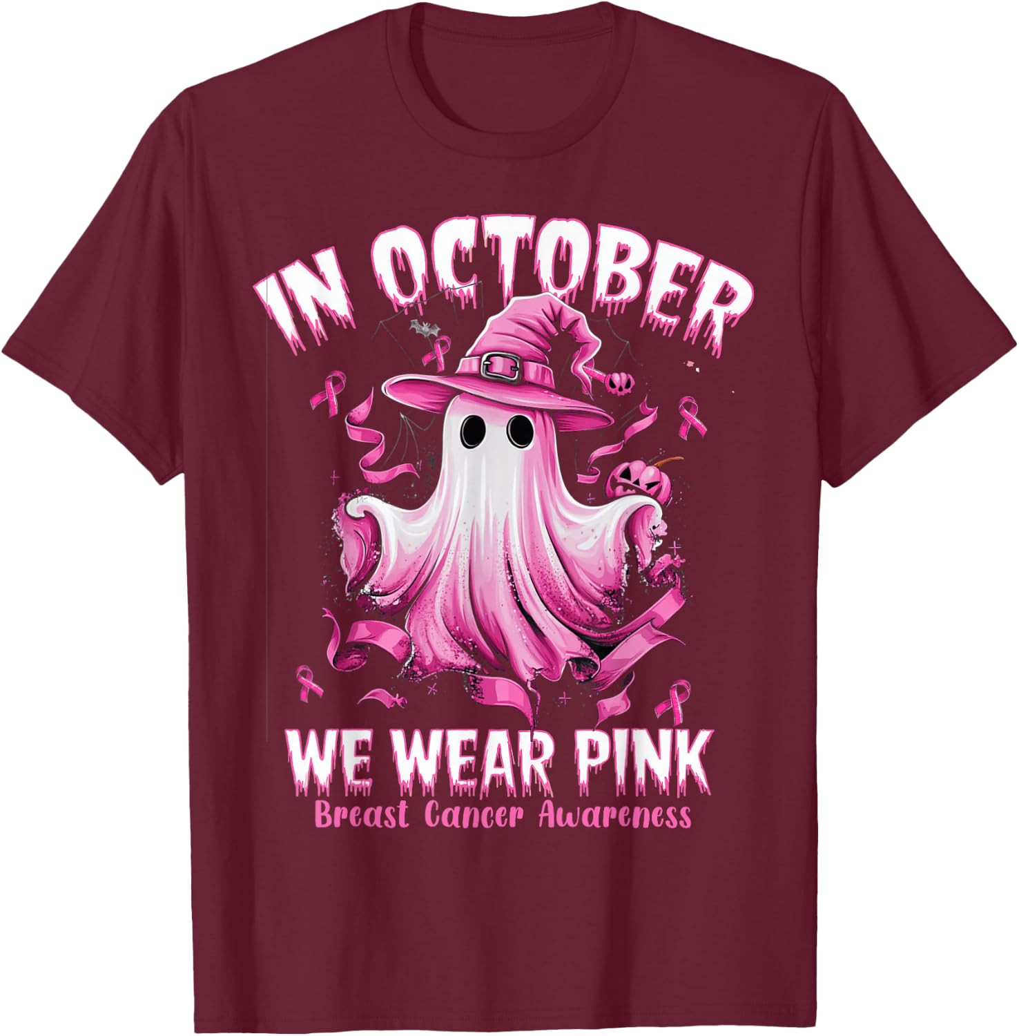 In October We Wear Pink Ghost Witch Breast Cancer Awareness T-Shirt - T-Shirt | Maroon