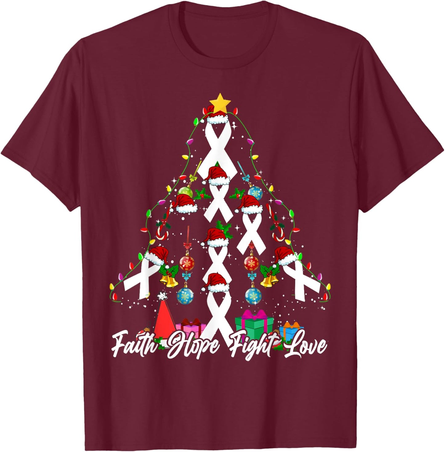 Santa White Ribbon Christmas Tree Lung Cancer Awareness T-Shirt - T-Shirt | Maroon