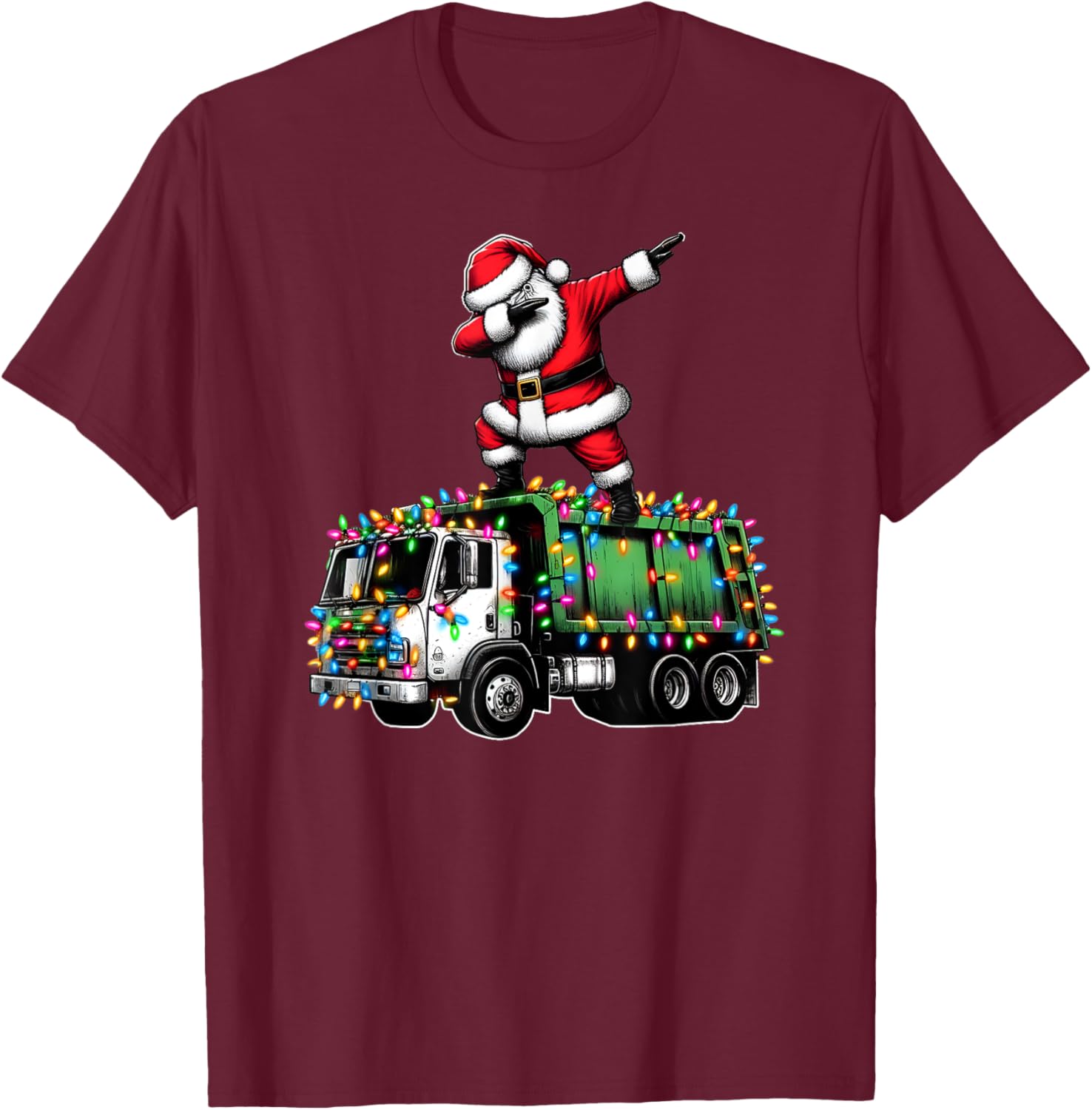 Dabbing Santa Garbage Truck Funny Christmas Lights Graphic T-Shirt - T-Shirt | Maroon