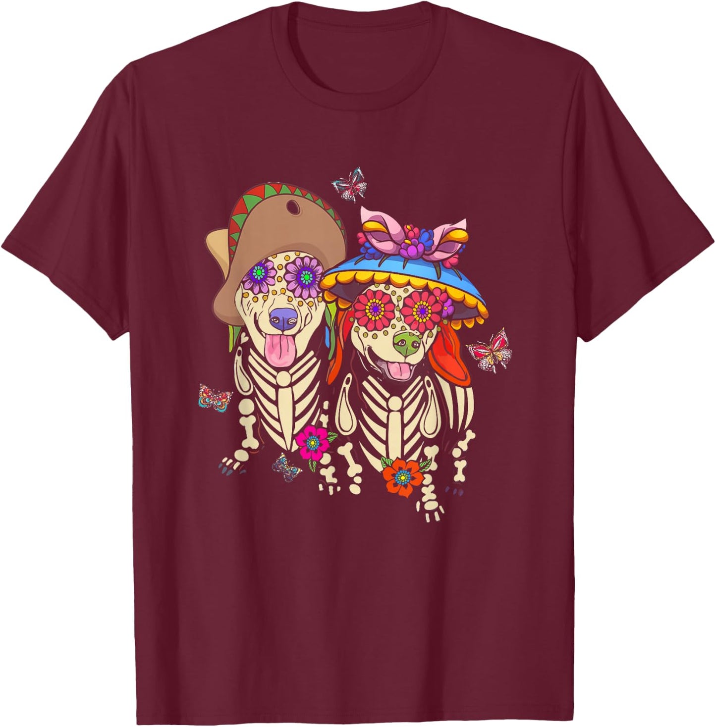 Sugar Skull Mexican Dachshund Bone Halloween Day Of Dead T-Shirt - T-Shirt | Maroon