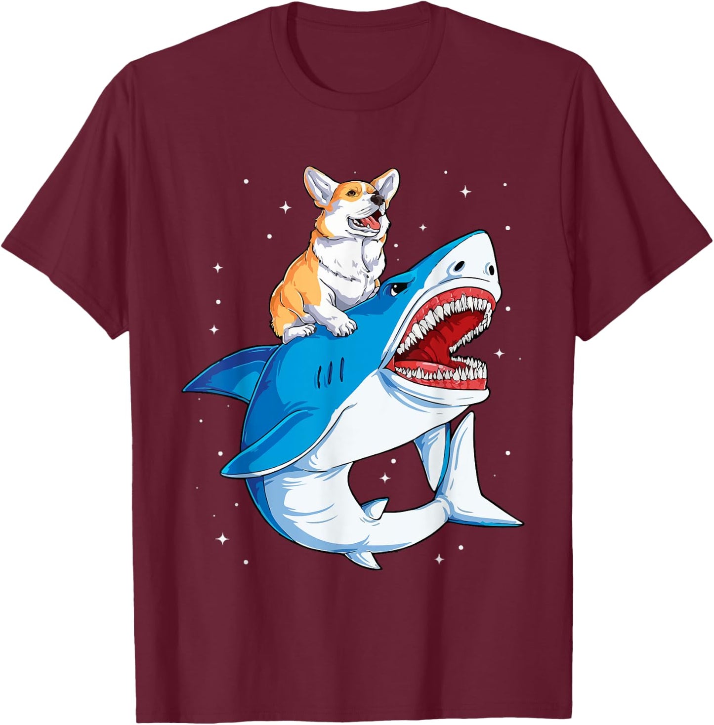 Corgi Riding Shark T-Shirt - T-Shirt | Maroon