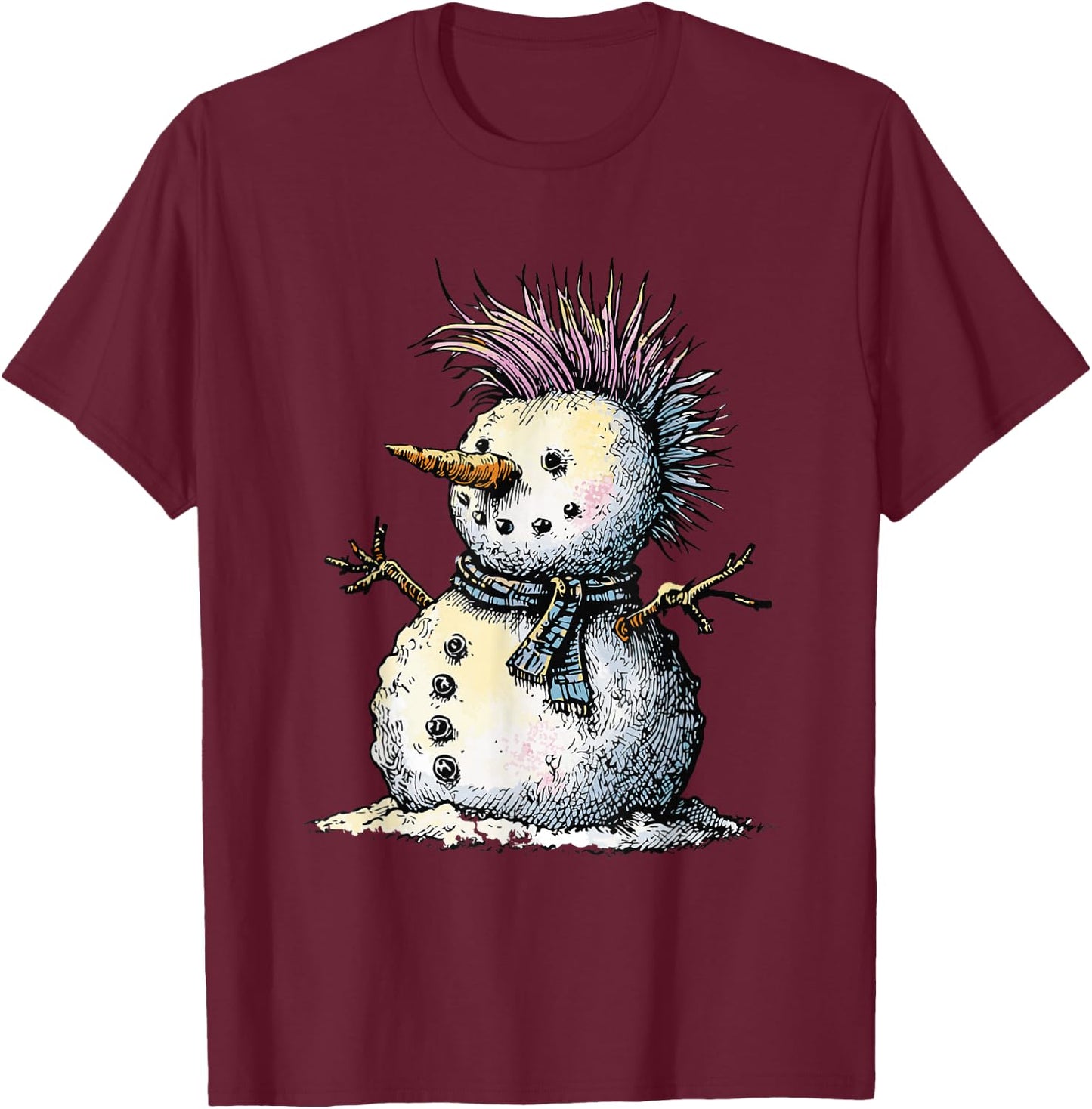 Punk Snowman with Mohawk Cut Winter Design T-Shirt - T-Shirt | Maroon