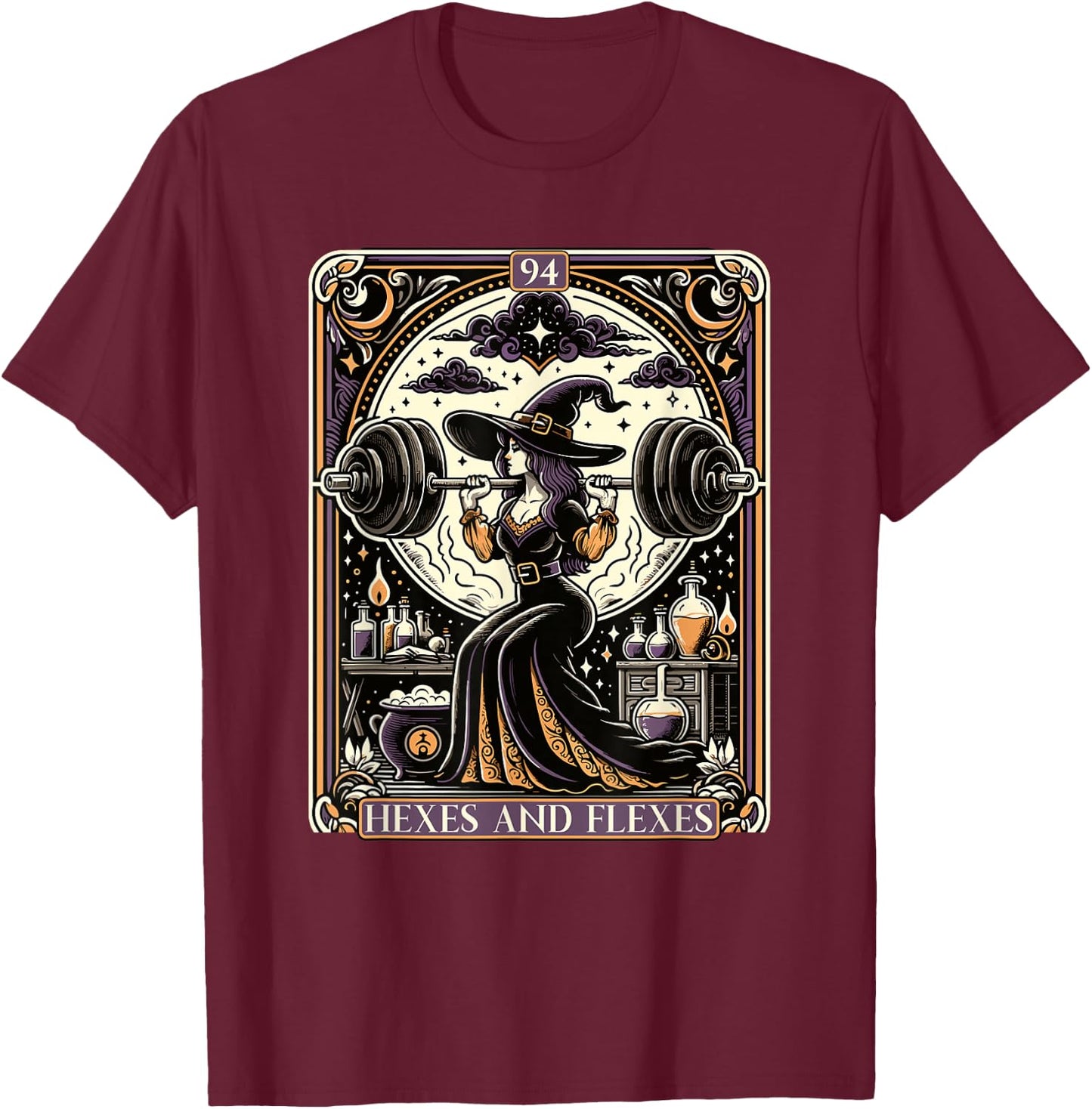 Witch Workout Fitness Deadlifting Hexes Flexes Tarot Card T-Shirt - T-Shirt | Maroon