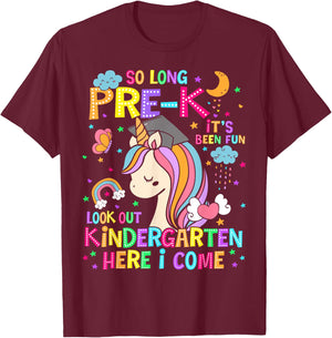 So Long Pre-K Graduation Kindergarten Here I Come Unicorn T-Shirt - T-Shirt | Maroon