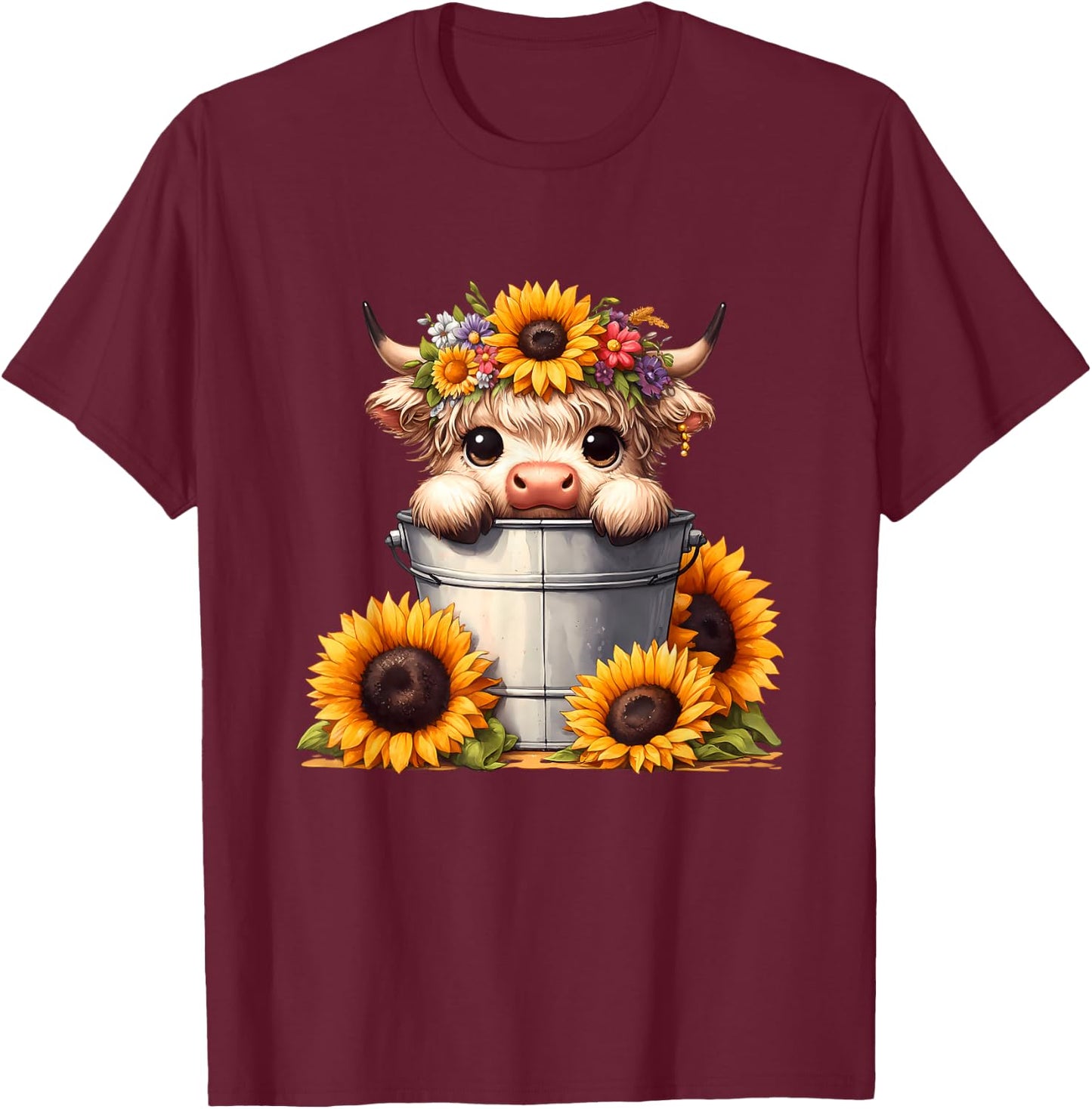 Cute Baby Highland Cow with Sunflowers in Bucket, Calf T-Shirt - T-Shirt | Maroon
