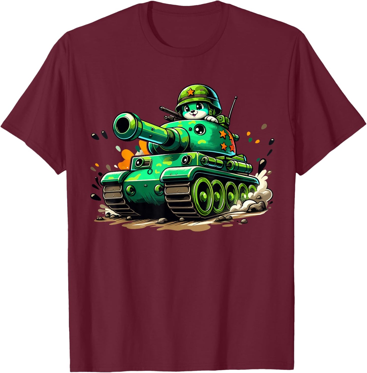 Cartoon Tank Boys Army Tank Military Adventure T-Shirt - T-Shirt | Maroon