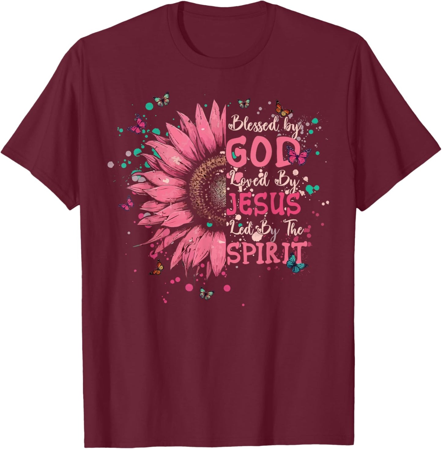 Blessed by God Loved by Jesus Christian Cross Sunflower T-Shirt - T-Shirt | Maroon