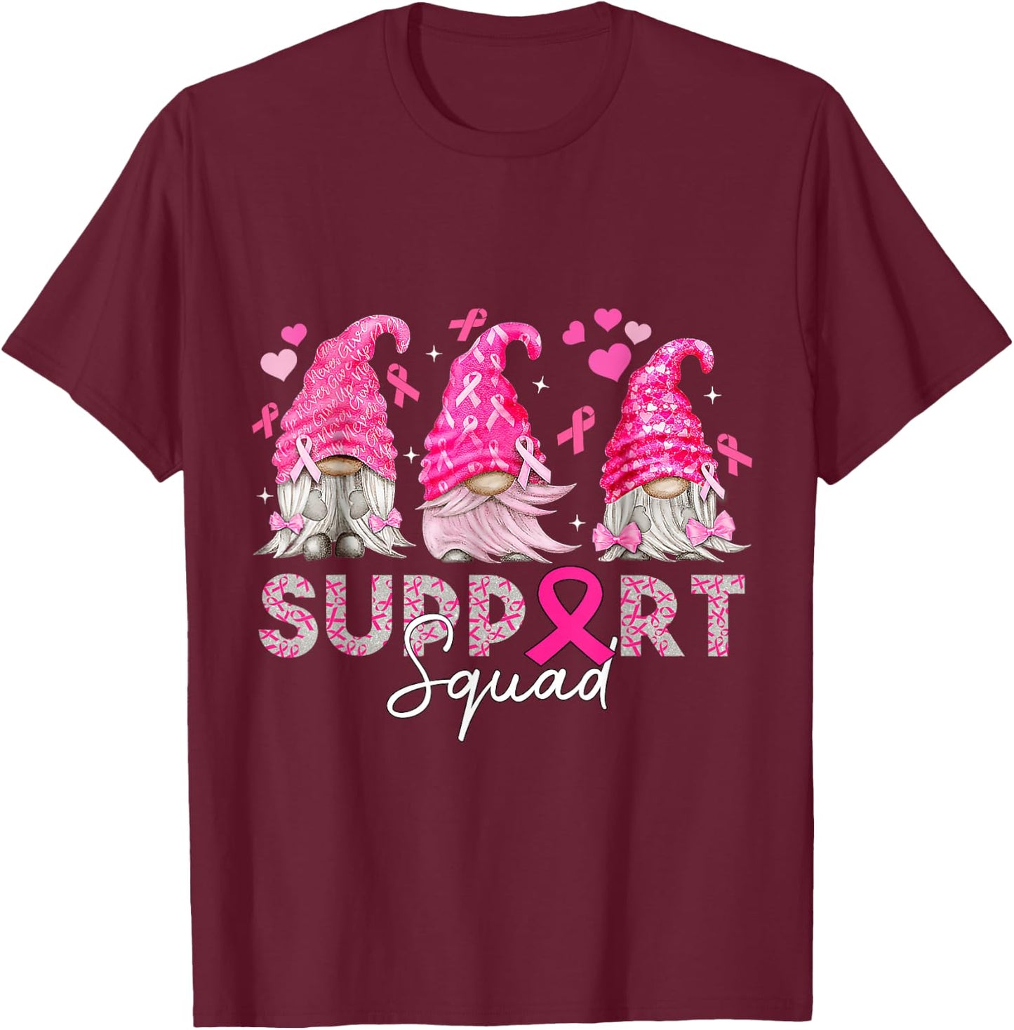 Breast Cancer Support Squad For Mom Women Gnomies T-Shirt - T-Shirt | Maroon