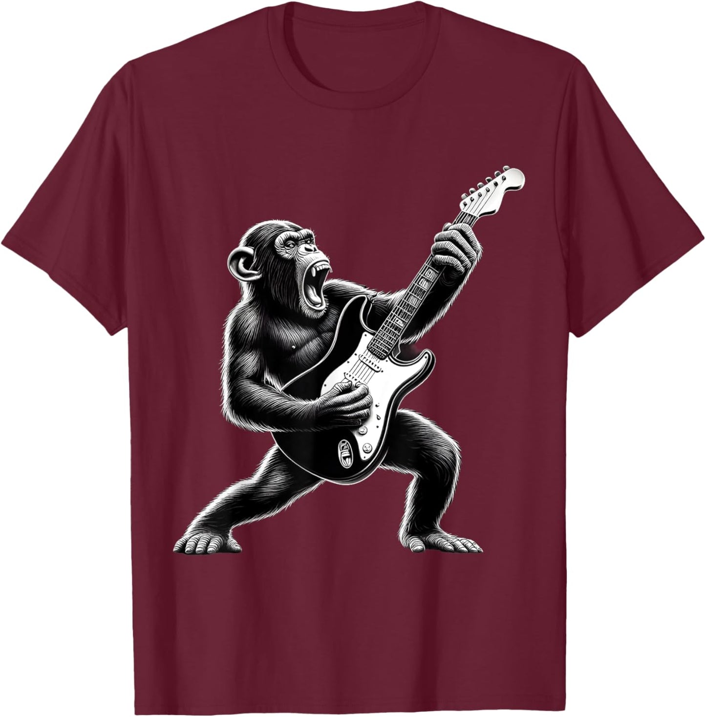 Rock Chimpanzee Monkey Playing Guitar Funny Guitar Monkey T-Shirt - T-Shirt | Maroon
