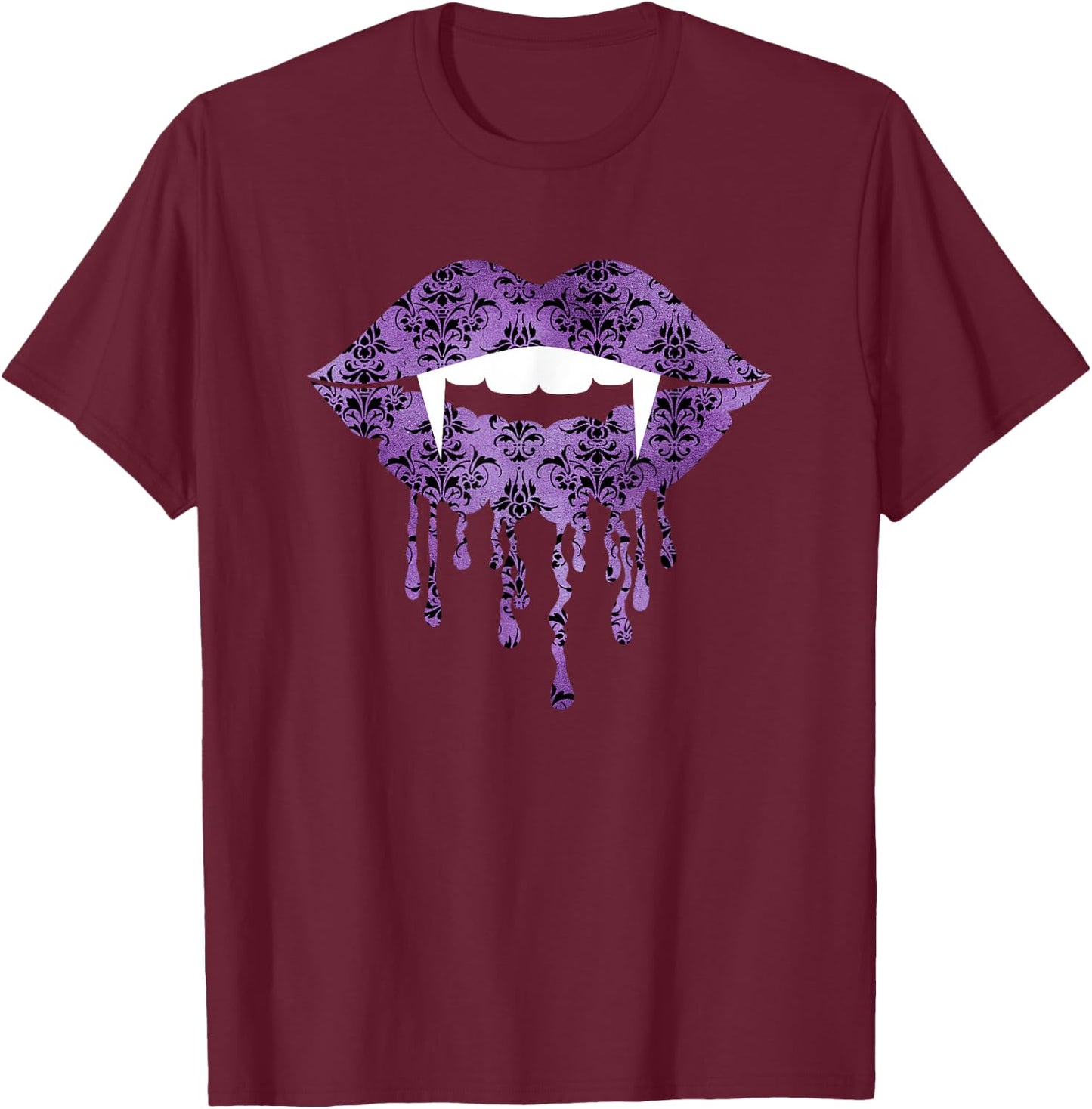 Purple Damask - Vampire Fangs Drip Lips Gothic Halloween T-Shirt - T-Shirt | Maroon