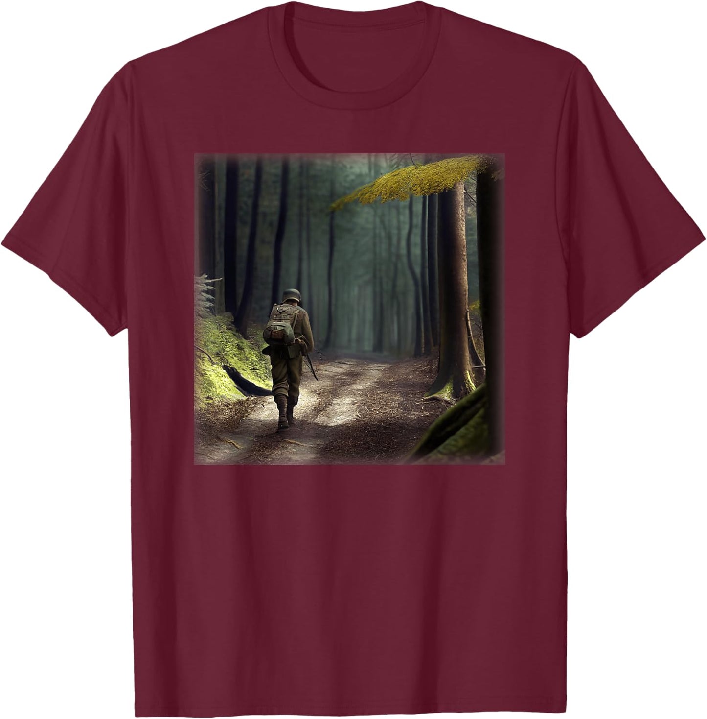 A German Soldier In WWII Walking In A Forest T-Shirt - T-Shirt | Maroon