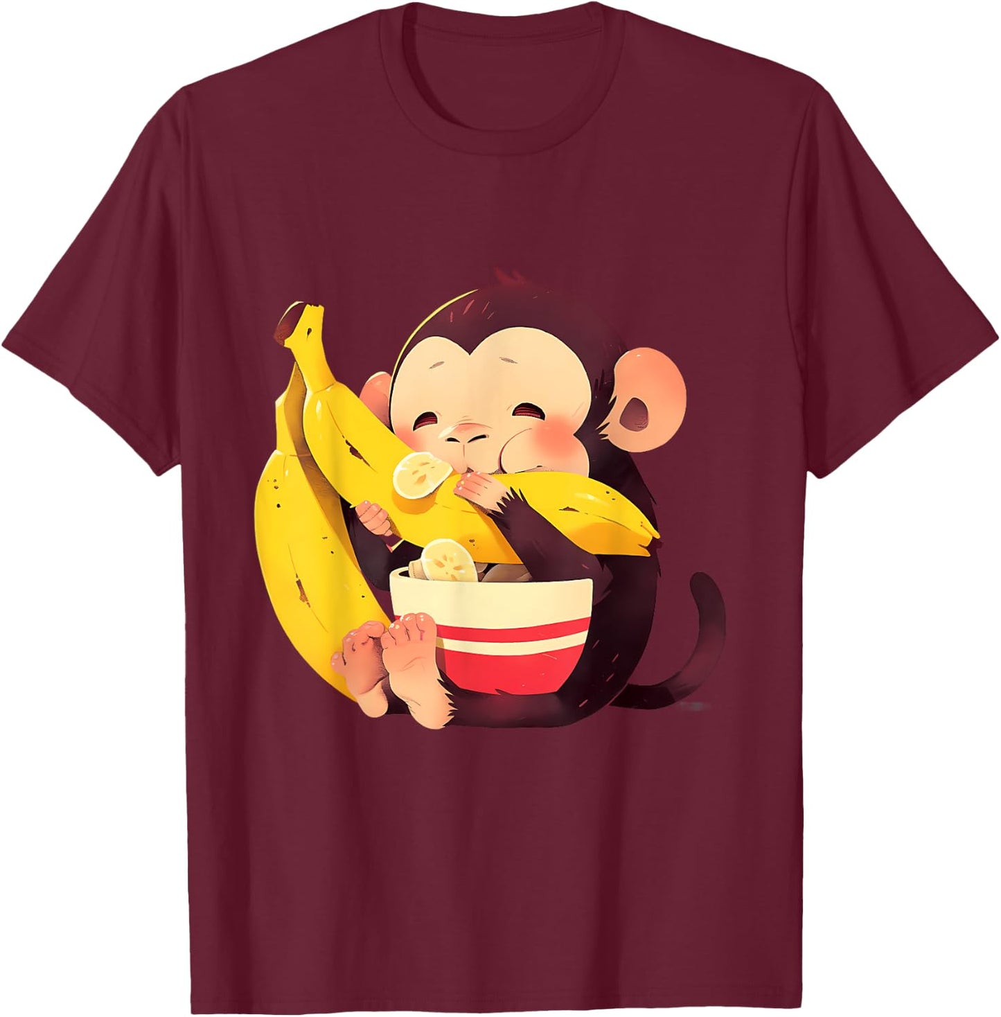 Banana Monkey Cute Monkey Wildlife Drawing Bananas Fruit T-Shirt - T-Shirt | Maroon