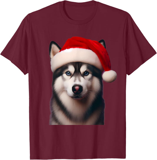 Siberian Husky With Santa Hat Christmas Xmas Dog Owner Lover Men Women Kids T-Shirt - T-Shirt | Maroon