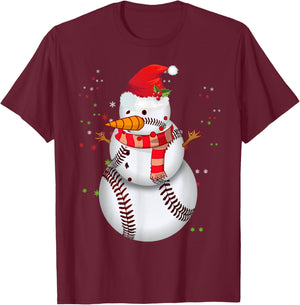 Funny Snowman Scarf Heart Baseball Santa Hat Snow Christmas T-Shirt - T-Shirt | Maroon