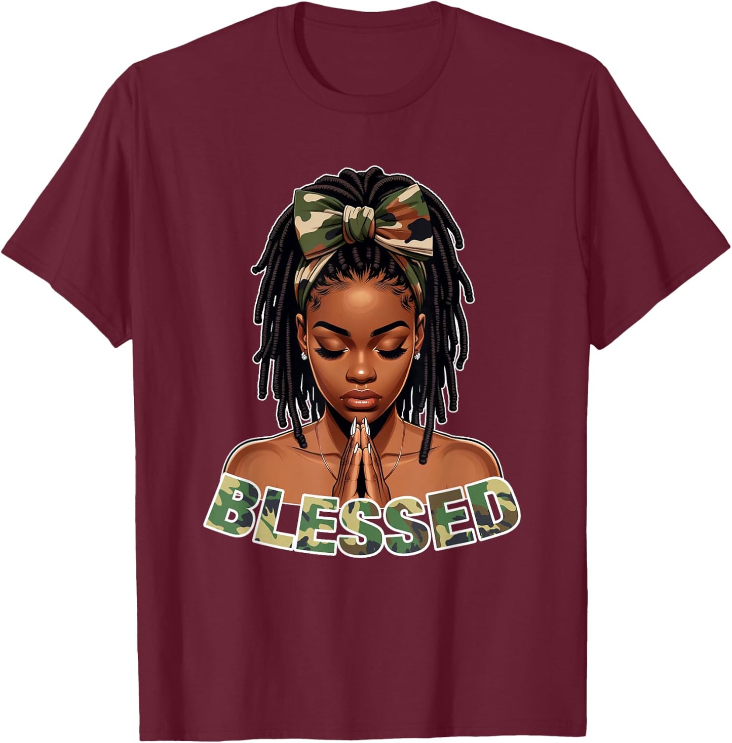 Praying Young Black Girl With Braids Locs Blessed Camo T-Shirt - T-Shirt | Maroon