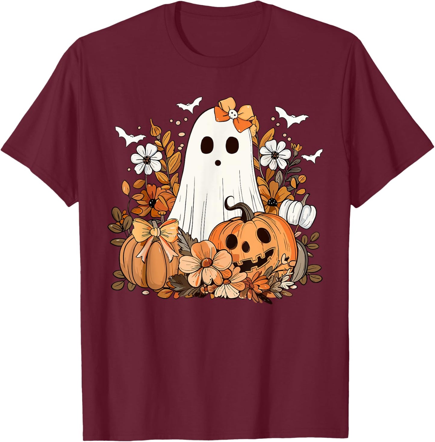 Retro Floral Ghost Cute Pumpkin Autumn Halloween Women Kids T-Shirt - T-Shirt | Maroon