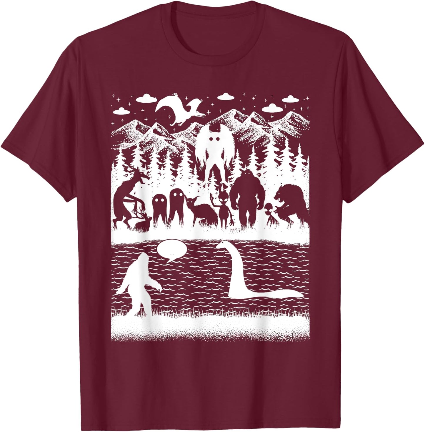 Bigfoot Loch Ness Monster Mothman And Aliens! Funny Cryptid T-Shirt - T-Shirt | Maroon