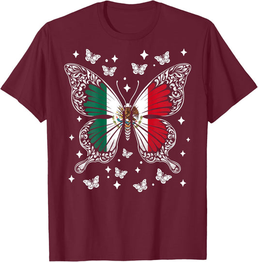 Mexican Butterfly Mexico Back Printed T-Shirt - T-Shirt | Maroon