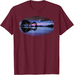 Guitar Sunset Sky Trees City Lake Reflection Stylish Design T-Shirt - T-Shirt | Maroon