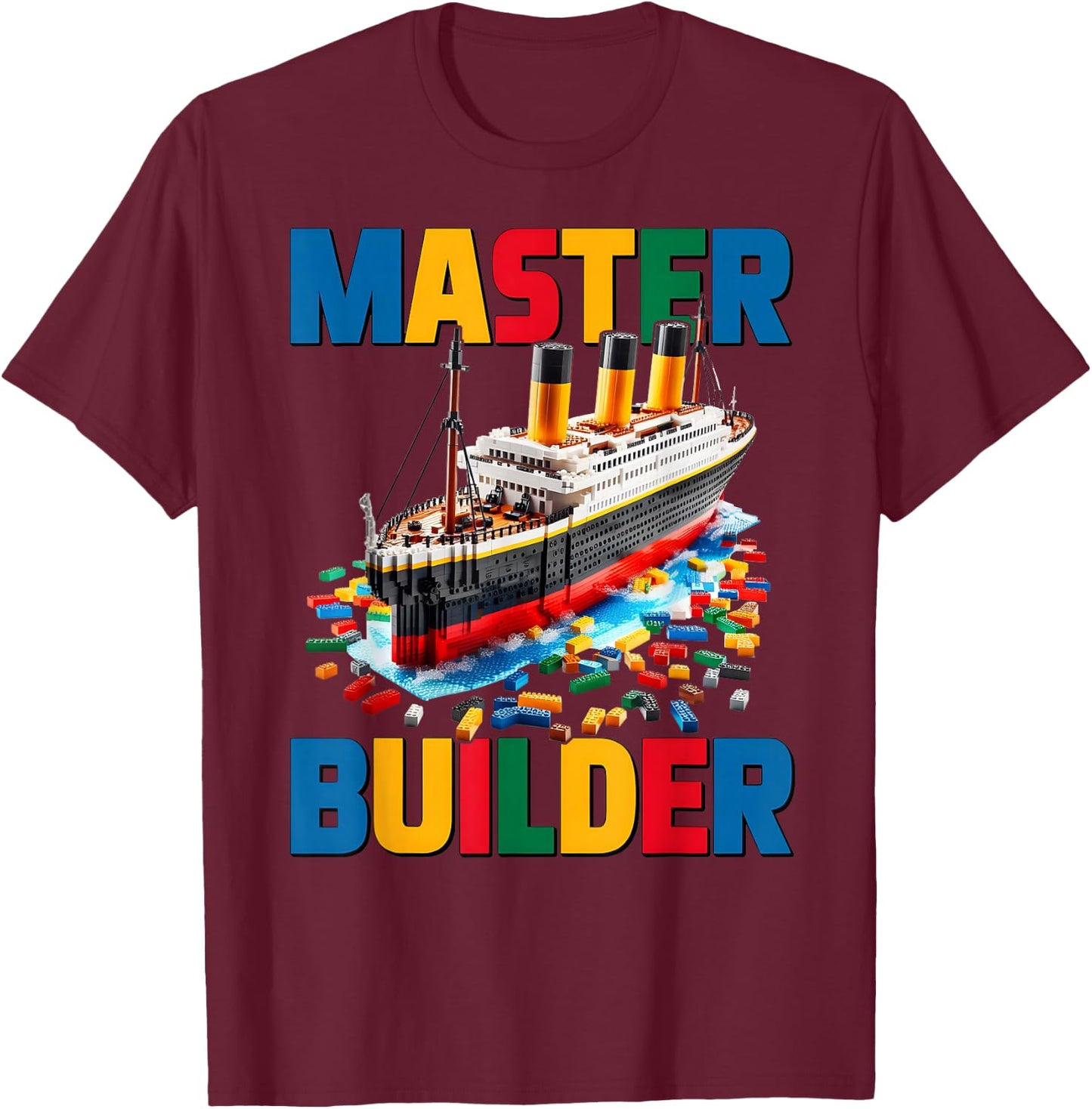 Master Builder Ship Kids Boys Toy Building Blocks Brick Fun T-Shirt - T-Shirt | Maroon