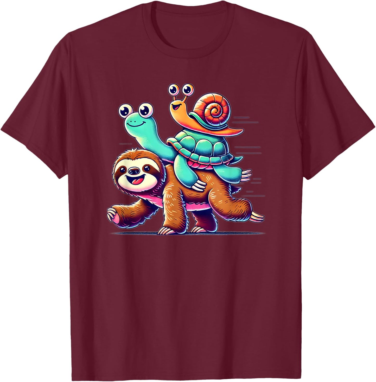 Sloth Turtle Snail Piggyback Animal Running Wild T-Shirt - T-Shirt | Maroon