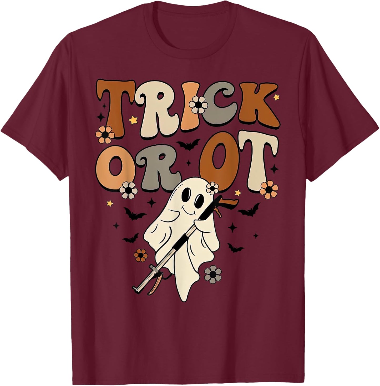 Retro Trick Or OT Cute Ghost Occupational Therapy Halloween T-Shirt - T-Shirt | Maroon