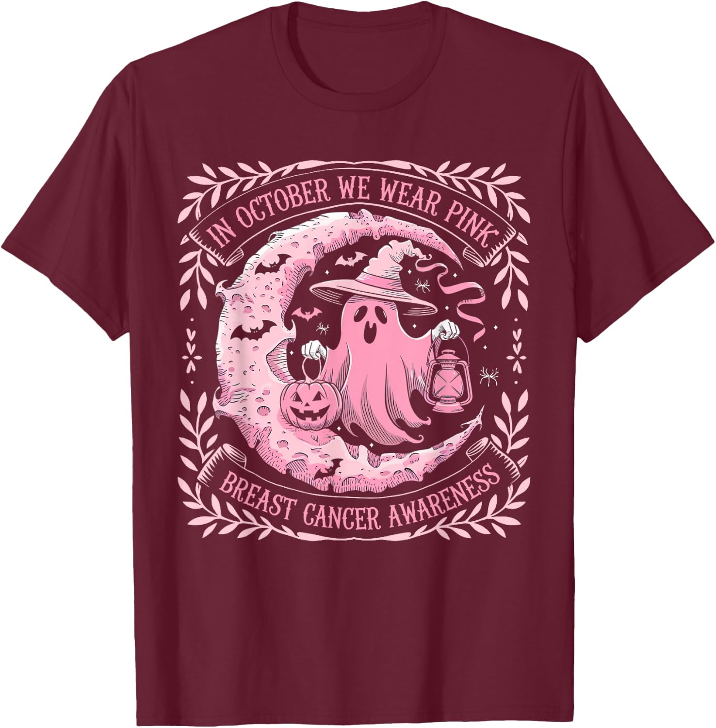 October We Wear Pink Ghost Halloween Pumpkins Breast Cancer T-Shirt - T-Shirt | Maroon