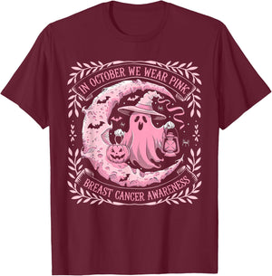 October We Wear Pink Ghost Halloween Pumpkins Breast Cancer T-Shirt - T-Shirt | Maroon