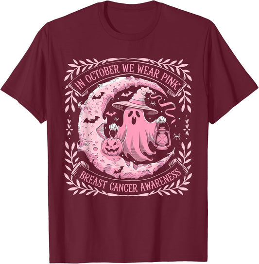October We Wear Pink Ghost Halloween Pumpkins Breast Cancer T-Shirt - T-Shirt | Maroon