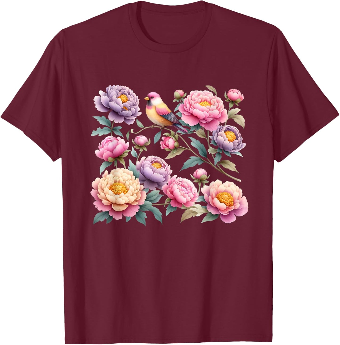 Beautiful Peonies Flowers Blossom Bird Nature Lover Gardener T-Shirt - T-Shirt | Maroon
