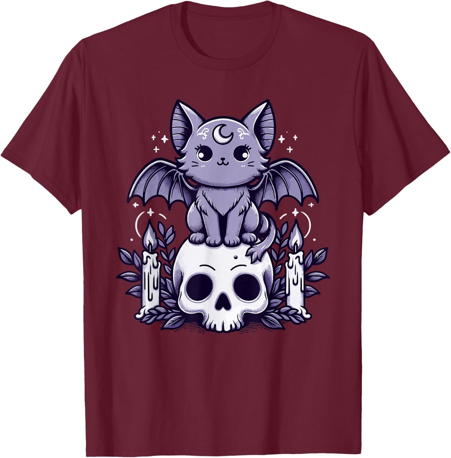 Kawaii Pastel Goth Cute Creepy Cat Bat Skeleton T-Shirt - T-Shirt | Maroon