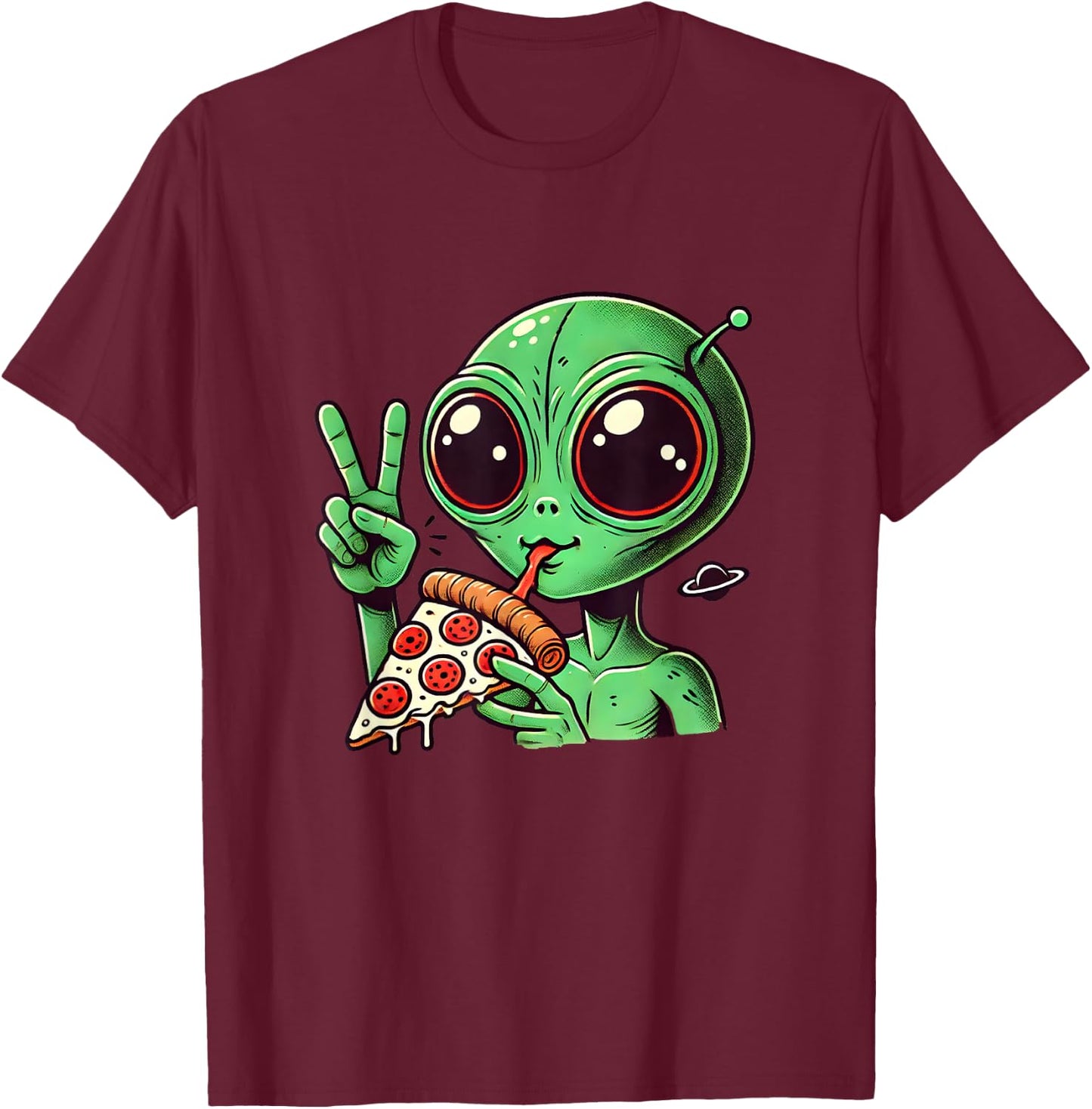 Funny Alien Head Eating Pizza UFO Extraterrestrial T-Shirt - T-Shirt | Maroon