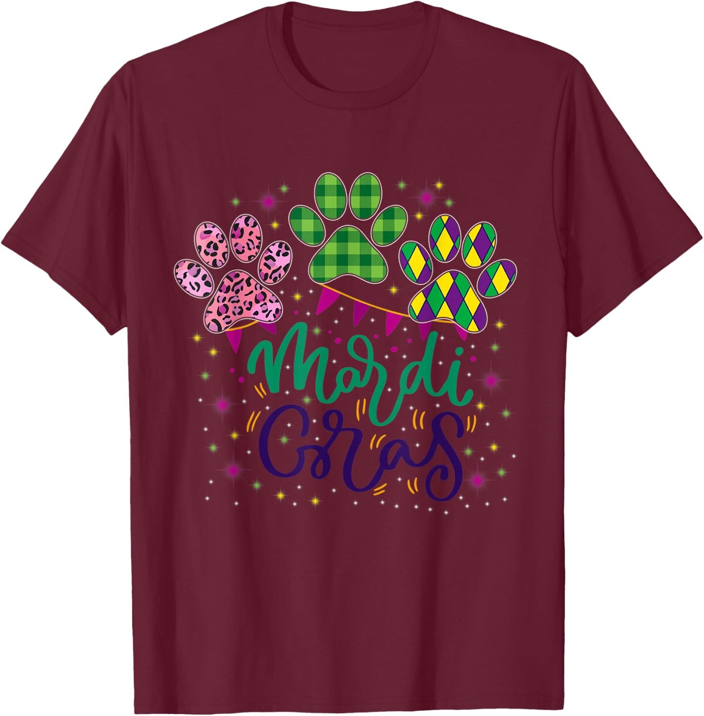 Leopard Print And Buffalo Plaid Dog Paw Mardi Gras Beads Men Women T-Shirt - T-Shirt | Maroon