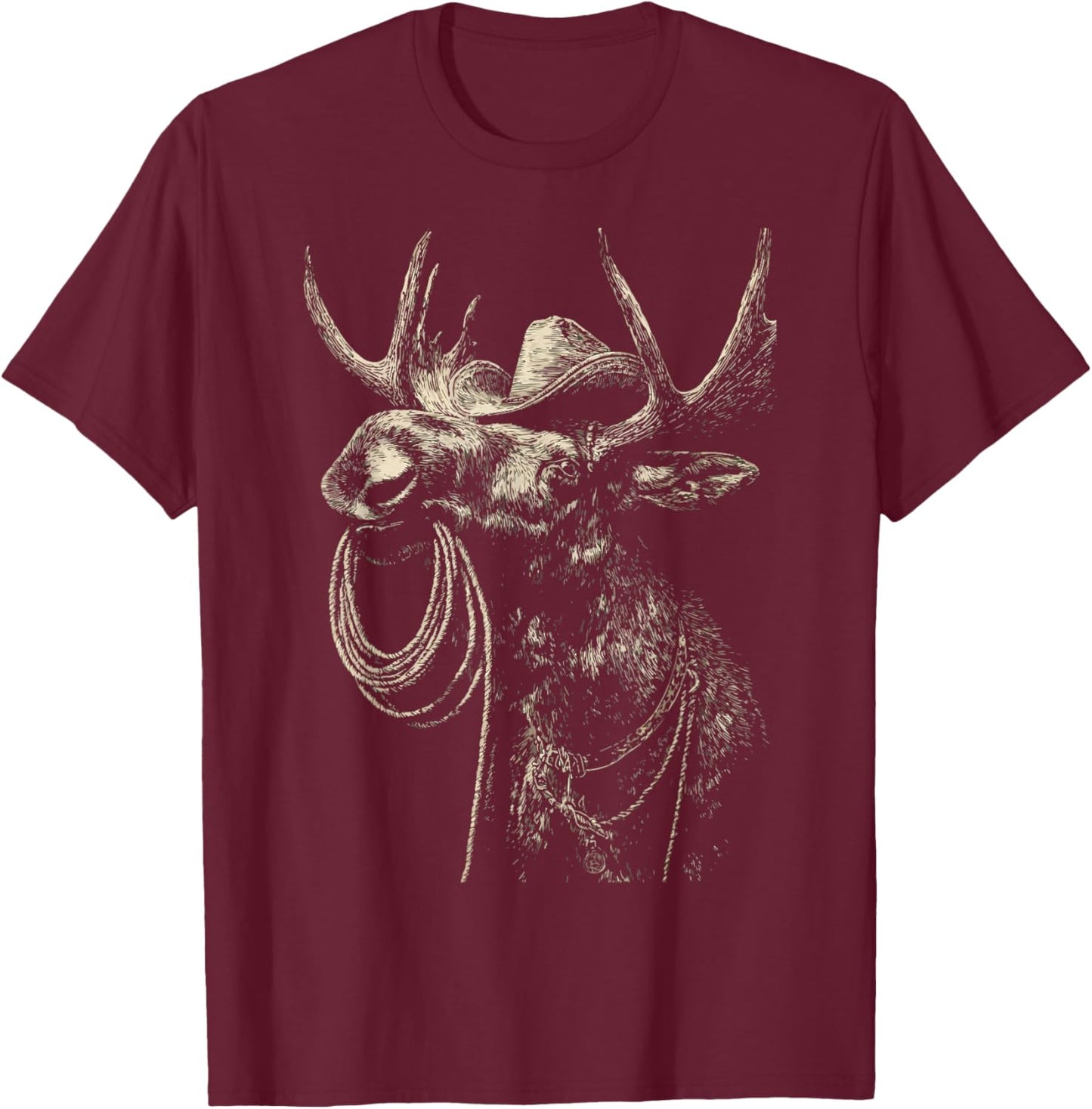 Rustic Moose with Cowboy Hat Lasso Western Animal Rodeo T-Shirt - T-Shirt | Maroon