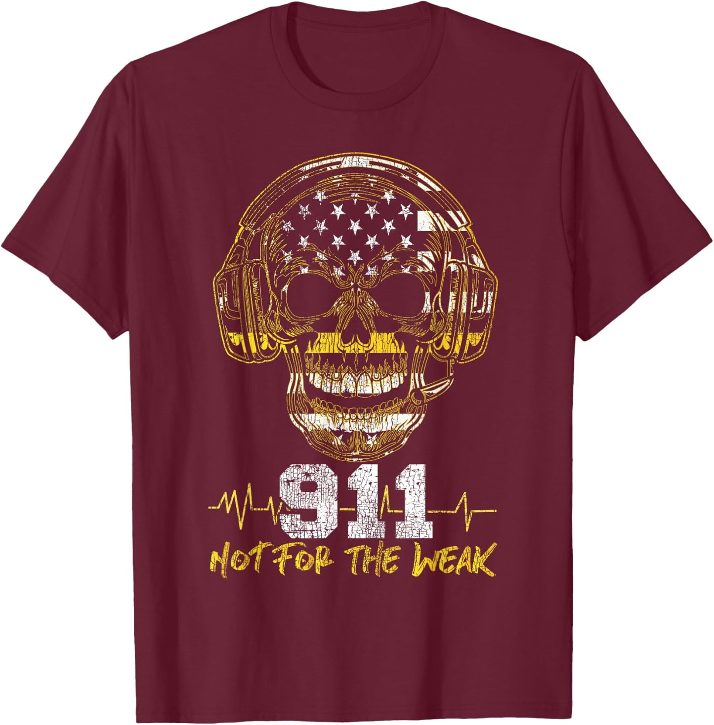 911 Dispatcher Thin Gold Yellow Line American Flag Skull Xxx T-Shirt - T-Shirt | Maroon