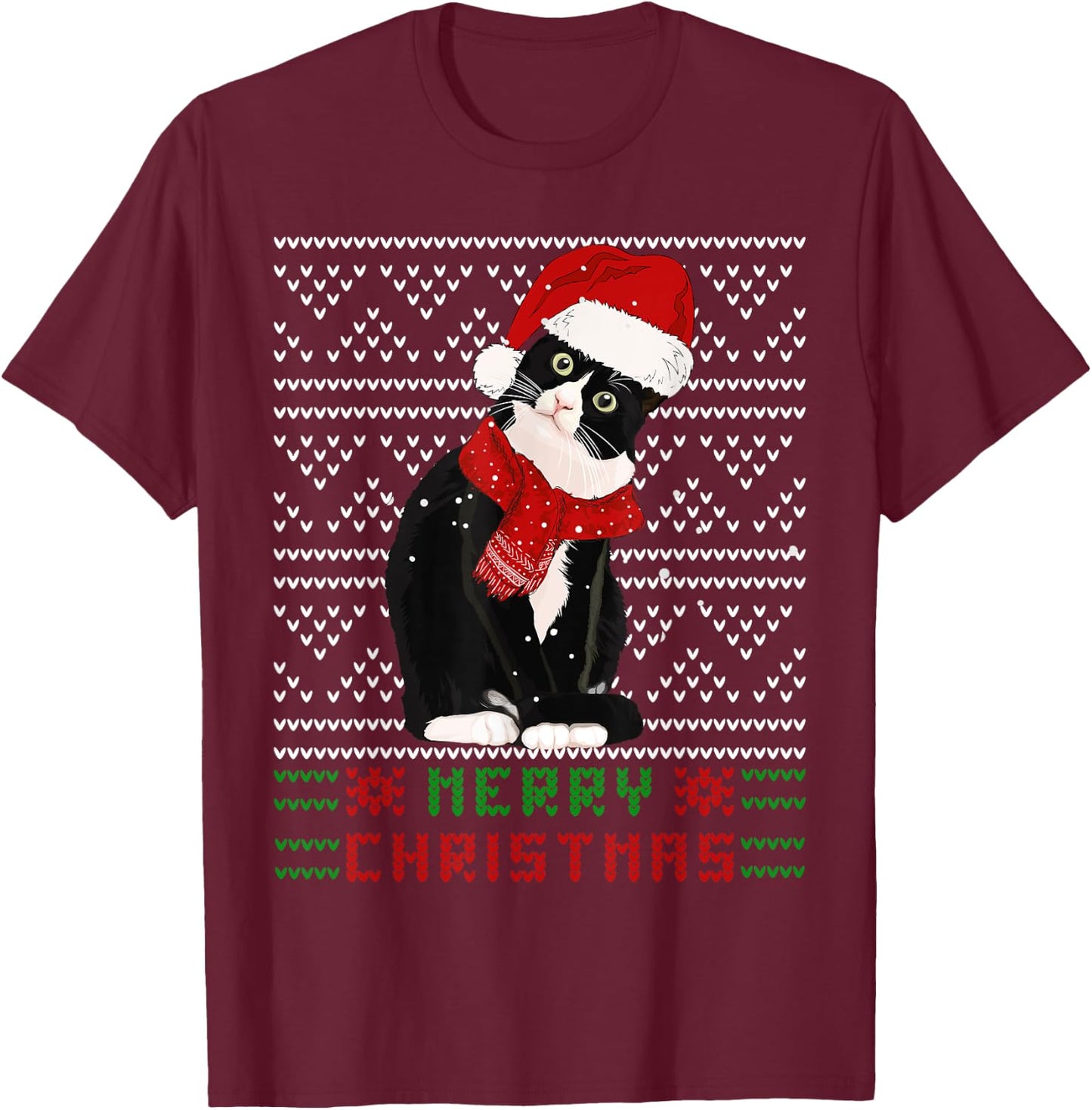 Ugly Christmas Black Cat Santa Hat Scarf Cute Tuxedo Cat Men Women Kids T-Shirt - T-Shirt | Maroon