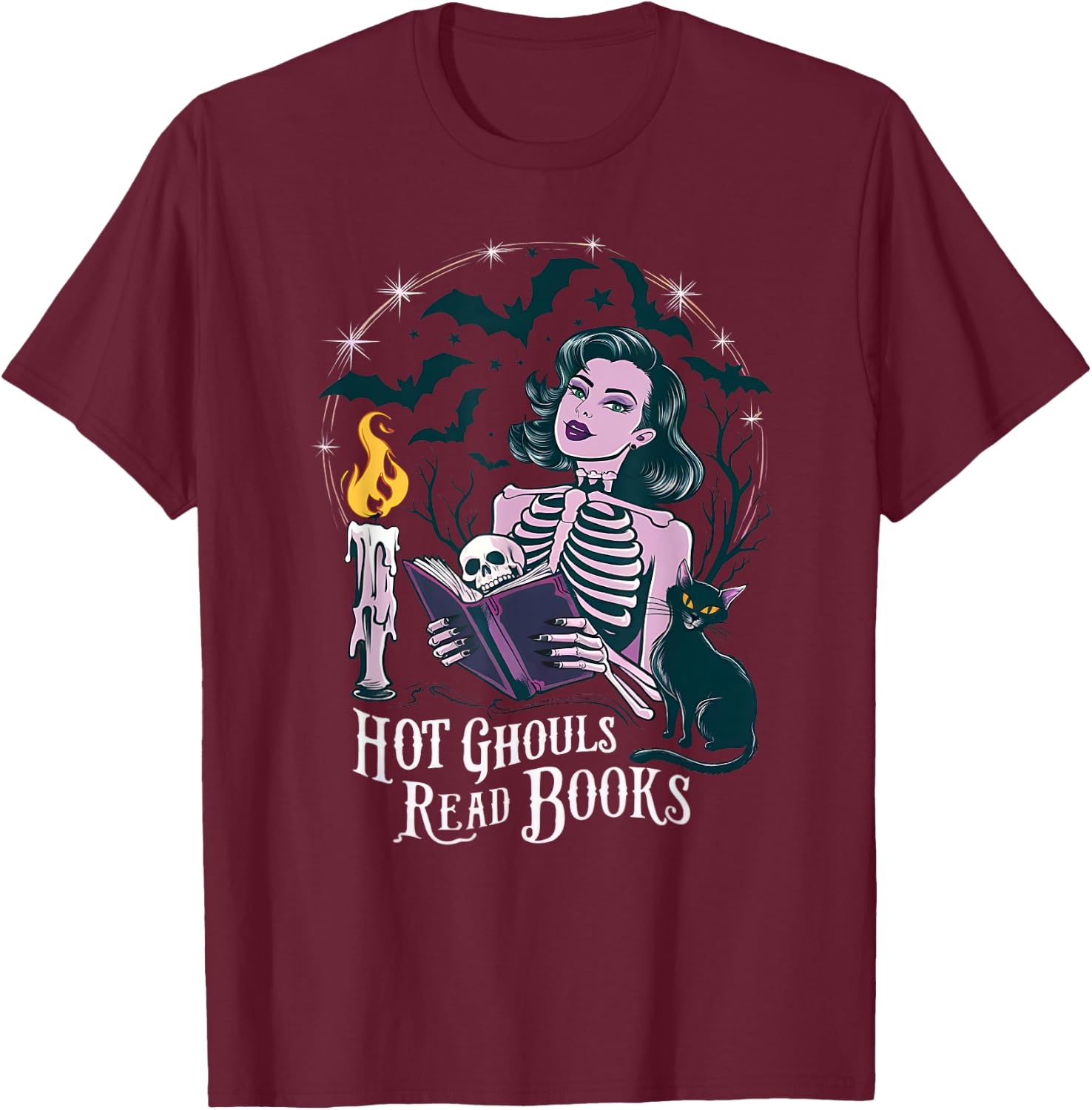 Hot Ghouls Read Book Club Spooky Cat Bat Bookish Halloween T-Shirt - T-Shirt | Maroon